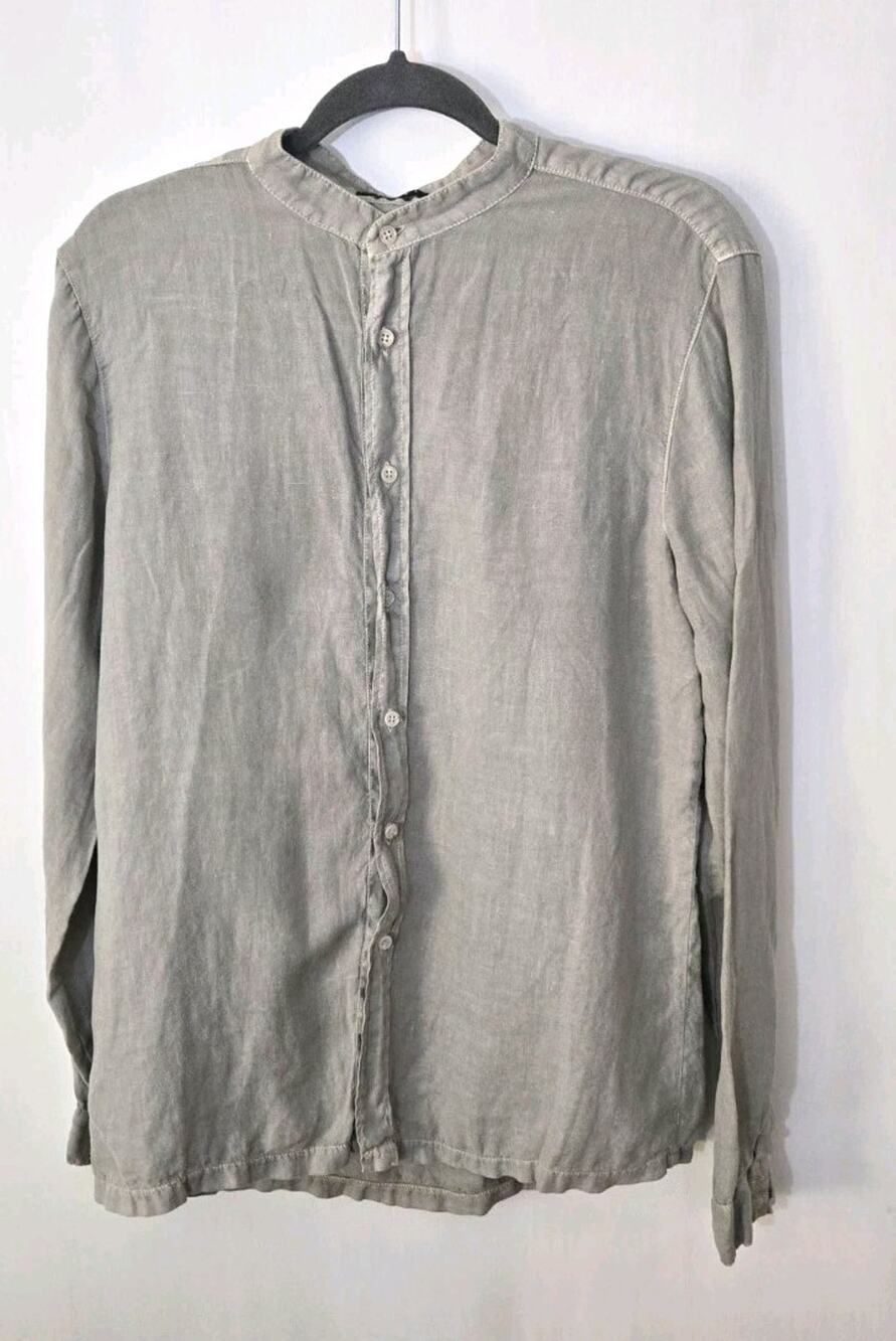 Sisley Gray Linen Band Collar Long Sleeve Button-Up Shirt Sz L minimalist eco
